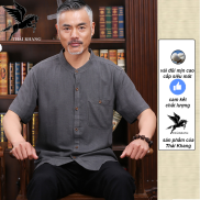 Áo sơ mi nam ngắn tay trung niên cổ tàu vải đũi trơn mịn loại áo cổ tàu