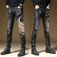 Naimo Embroidered Jeans Mens Stretch Personality Versatile Trend European Station Pattern Heavy Industry Four Seasons Trousers