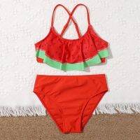 ▩☞♈ 8 14Y Girls Summer Swimwear 2023 Cute Crisscross Small Watermelon Printing Ruffles Two Piece Swimsuit Girls Vacation Beach Wears