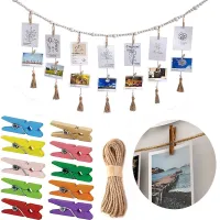 Set of 20pcs Natural 25/35/75mm Mini Wooden Clothes Clips Clothespins Pegs &amp; 1-4mm Jute Rope Cord For Wedding Photo Decorations Clips Pins Tacks