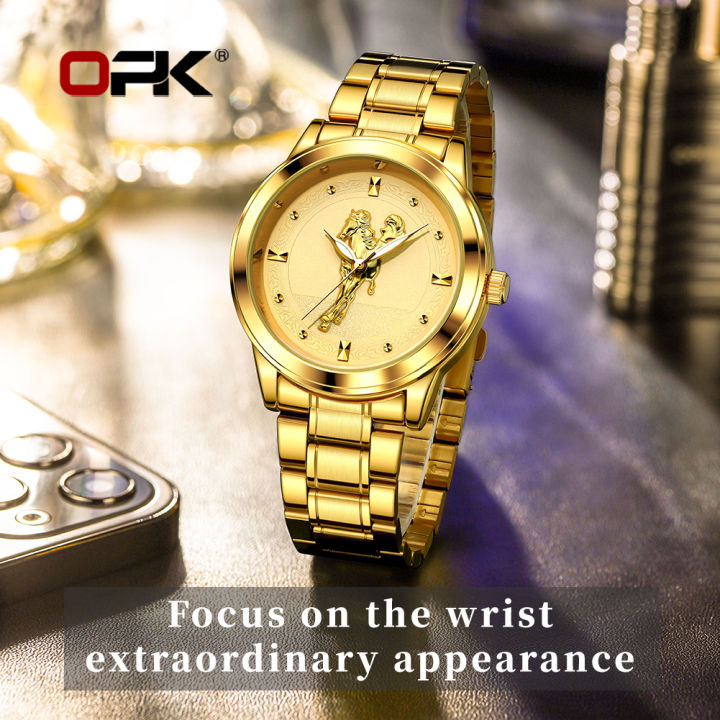 นาฬิกาโอเลฟส์สำหรับผู้ชายของแท้18k-ทอง30เมตรกันน้ำหน้าปัดสีทองรูปม้าเรืองแสง