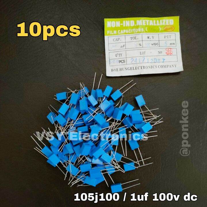 10 pcs 105j100 / 1uf 100v dc / 1 Microfarad 100 volts 5% 5mm Pitch ...