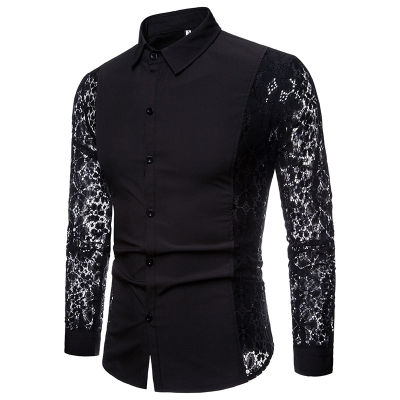Mens Night Club Mesh See Through Dress Shirts Long Sleeve Button Down Lace Floral Shirt Men Harajuku Casual Chemise Homme