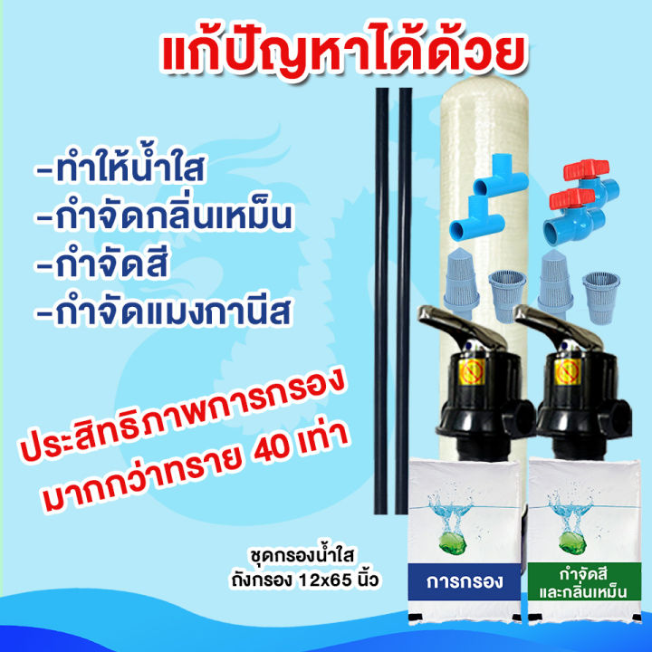 ชุดกรองน้ำใส-ถังกรอง-12x65-นิ้ว-กรองน้ำใช้-กรองน้ำที่มีกลิ่น-ครบเซ็ต-แก้น้ำขุ่น-กำจัดกลิ่นเหม็น-ในน้ำ-แก้น้ำมีกลิ่น