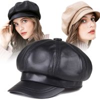 Women PU Beret Cap Girls Retro Solid Color Octagonal Dome Hat Winter Autumn France Adjustable Faux Leather Berets for Lady