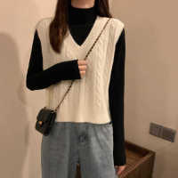 2021Korean Style Spring Short Outer Tops WhitevCollar Vest Vest Sweater Sweater