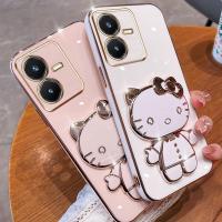 เคสโทรศัพท์กระจกแต่งหน้าพับได้สำหรับ Vivo Y22 Y22S แมวการ์ตูนน่ารักเคสฝาหลังแบบนิ่มชุบด้วยไฟฟ้า TPU มัลติฟังก์ชัน