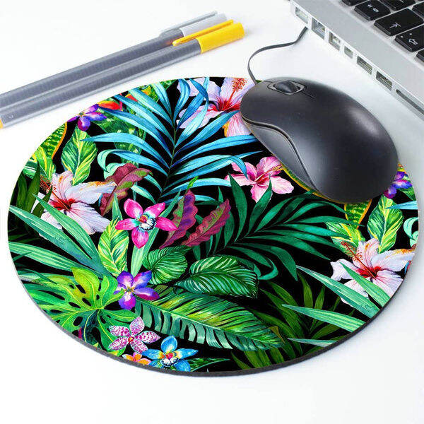 mat-permata-tetikus-daun-tropikal-warna-design-cantik-leaves-pink-blue-purple-green-round-mouse-pad