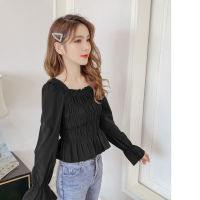 Chiffon puff blouse short shirt with square neck and flared sleeves