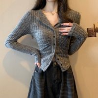 original Uniqlo NEW Sexy pure desire style irregular lapel knitted sweater for women autumn pleated slim fit inner wear brushed top