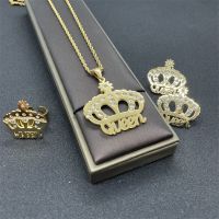 【Transparent thinking】 Gold Plated Titanium Steel Queen Crown Jewelry Set For Women Diamonds Mounted Necklace Earrings Open-End Ring Sets Transparent thinking Accessory