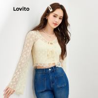 ☁☃❅ Lovito เซ็ตเสื้อแขนยาว ผูกหน้า ผ้าลูกไม้ลายดอกไม้ สไตล์ลำลอง สำหรับผู้หญิง L47ED159 (สีแอปริคอต)