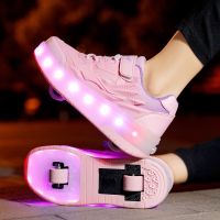 CODwuyan8340 XONGT LED shoes double-wheeled Heelys shoes kasut roda budak perempuan luminous roller skates girls sneakers leather low-cut parent-child roller skates