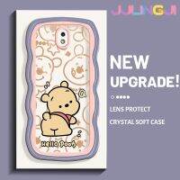 Jjlingji เคสปลอกสำหรับ Samsung J7โปร J7 2017 J7 2018เคสช้อนส้อมมีดหมีพูห์วินนี่ขอบสีครีมลูกคลื่นเคสมือถือกันกระแทกแบบใสนิ่มเรียบง่ายเคสป้องกันโปร่งใสลายกล้องถ่ายรูปสร้างสรรค์