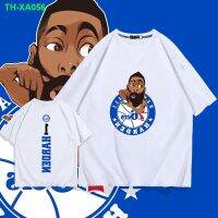 Y-76ers Harden No. 1 ผ้าฝ้ายแขนสั้นเสื้อยืดผู้ชายและผู้หญิงอินเทรนด์การ์ตูนหลวมไหล่ครึ่งแขนพ่อแม่ลูกชุดด้านบน