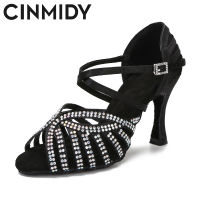 CINMIDY Latin Dance รองเท้าผู้หญิง Tango Rumba Samba Rhinestones งานแต่งงานรองเท้าแตะบอลรูมเต้นรำรองเท้า Waltz Dance Heels