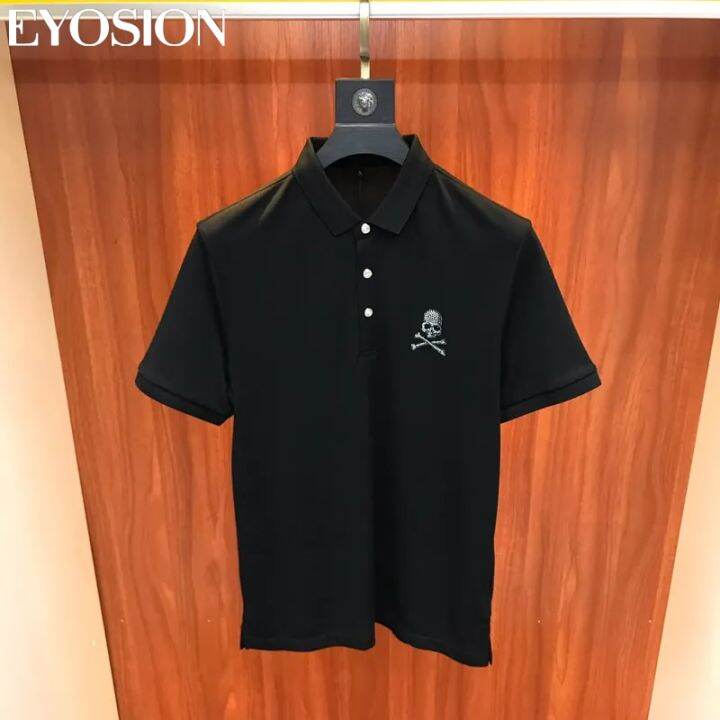 polo-เสื้อยืดพิมพ์ลายกะโหลกติดเพชรสำหรับผู้ชายเสื้อคอตตอนแขนสั้นธุรกิจลำลองกราฟิกส์แฟชั่นฤดูร้อนเสื้อยืดมีปก