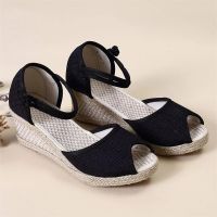 Comemore Peep Toe Sandals Wedge Espadrilles Platform 5cm Heel Comfort Summer Shoes Heels for Women 2023 Cloth Pumps Summer Linen