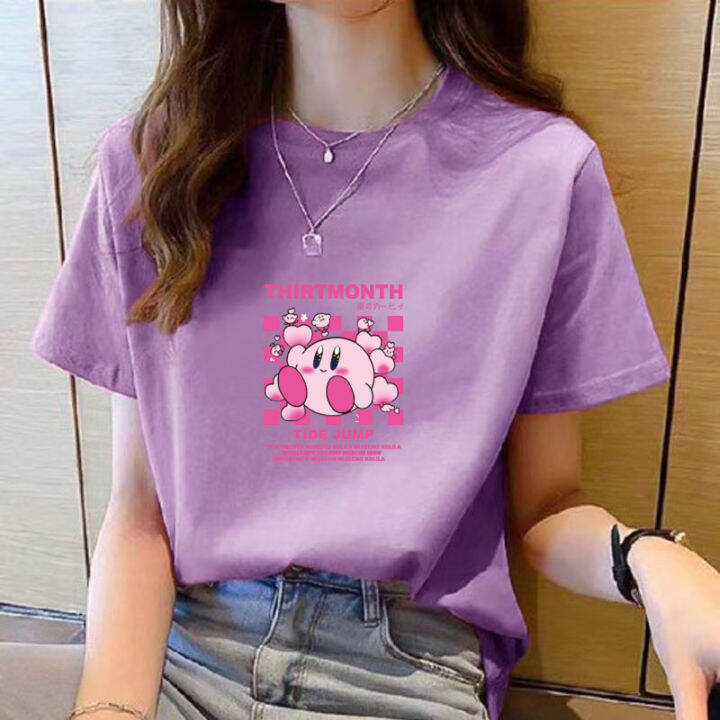 เสื้อยืดสำหรับผู้หญิงคอกลมแขนสั้นพิมพ์ลายการ์ตูนสีดำลำลองใหม่ฤดูร้อนเสื้อแฟชั่นสำหรับผู้หญิงหลวมง่ายสไตล์เกาหลี