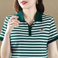 MODE Korea ทรง Kaus POLO Garis เวลานอนแบบสั้นของผู้หญิงแฟชั่นชั้นนำสำหรับเสื้อยืดอเนกประสงค์ฤดูร้อนเสื้อยืดลายปักกลับด้านใหม่