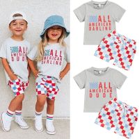 FOCUSNORM 0-3Y Independence Day Baby Girls Boys Clothes Sets Letter Print Short Sleeve T-Shirts and Checkerboard Shorts 2Pcs  by Hs2023