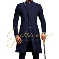 2023สไตล์แอฟริกัน Stand Collar ชาย Navy Blue เจ้าบ่าว Tuxedos สำหรับงานแต่งงานเครื่องแต่งกายเจ้าบ่าว Best Man Slim Fit 2ชิ้น Blazer กางเกง