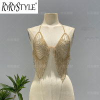 RYRYSTYLE สร้อยคอห่วงโซ่ตาข่ายปิดหน้าอกสีแดงสร้อยคาดลำตัวใหม่ประดับด้วยลูกปัดเพชรเทรนด์ยกทรงมีพู่