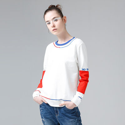 Toyouth Women Tops Autumn Round Neck Embroidered Letter Print Long Sleeve Contrasting Color Design High Street Casual T-shirt