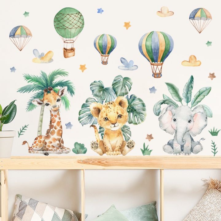 cw-cartoon-jungle-animals-leaves-watercolor-vinyl-wall-stickers-for-kids-room-baby-decoration-elephant-sticker