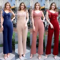 P17544 Jumpsuit จั้มสูทขายาว แต่งแขนระบายผ้ามุ้ง