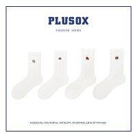 {Sock Shop} PLUSOX แฟชั่นสไตล์ใหม่คู่ผู้หญิงถุงเท้าปักสั้นปานกลางทรงกระบอกอินเทรนด์ยิ้มใบหน้าสีทึบสีขาวผ้าฝ้าย