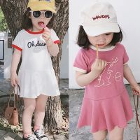 LOK04451 Baby Dress For Girls Korean Sports Style Contrast Baseball Skirt Cartoon Cute Print Dresses