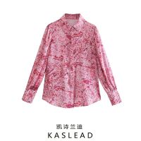 KASLEAD new womens European and American wind lapel plus-size printing long-sleeved shirt 03666204630 ❤