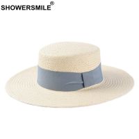 【Explosion umbrella】 SHOWERSMILE หมวกปีกกว้างดวงอาทิตย์สำหรับผู้หญิงฟางกระดาษปานามาหมวกหญิงริบบิ้นสีฟ้าชายหาดที่สง่างามฤดูร้อนหมวกสุภาพสตรีหมวกป้องกันรังสียูวี