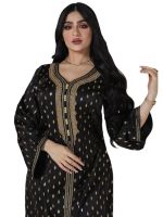 [COD] Muslim Dresses 2022 Bronzing Print Diamonds V Neck Sleeve Loose Abaya Saudi Arabia