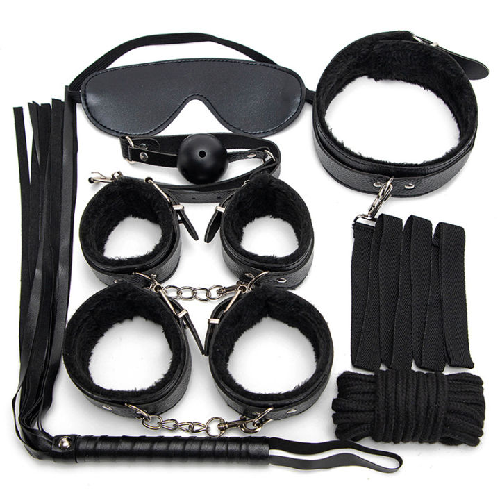 Privacy Delivery 7pcs Sexy Leather Plush Bdsm Set Sex Bondage Kits Sex Games Whip Gag Handcuffs