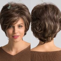 ALAN EATON Short Brown Highlight Wigs for Women Pixie Cut Synthetic Wigs with Bangs for Black Women High Temperature Daily Hair