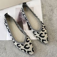 2023 Leopard Mesh Ballet Flats Pointed Toe Slip On Loafers Women Casual Soft Rubber Sole Boat Shoes Breathable Knitted Moccasin