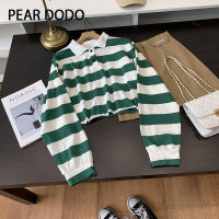 PEAR DODO เสื้อแขนยาวผู้หญิงเสื้อโปโลสั้นลายทางเกาหลี