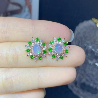 YULEM Natural Opal Earrings S925 Sterling Silver Lucky Post Studs Earring Lover Colorful Jewelry for Women Girl Gift