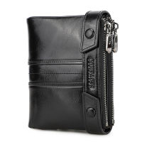 CONTACTS Genuine Leather Men Wallet Double Zippers Design Coin Purse Small Mini Card Holder Wallets Rfid Money Bag Male Purses