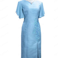 H ฤดูร้อนใหม่ cheongsam ชุดเย็บปักถักร้อยคอกลมห่อสะโพก