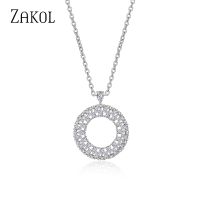 ZAKOL Big Circle Pendant Necklace With Tiny Zirconia Stones Paved For Women Fashion Wedding Jewelry FSNP2027