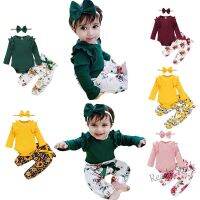 【hot sale】 ✗ C10 MIKxNewborn Baju Baby Clothing Set Ruffler Long Sleeves Solid Color Romper Flower Pants Headband 3PCS Leisure Fashion Outfit Suit