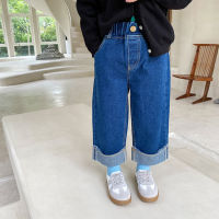 Autumn Winter girls loose Rolled-up jeans 1-8 years children all-match straight denim pants