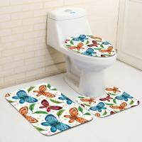 Colorful Butterfly Pattern Bathroom Decorative 3 Piece Set Non Slip Mat Toilet Seat Cover Elegant Stylish Bath Accessories