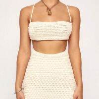 Available 3 colors Summer Womens New Halter Neck Backless Vest High Waist Bag Hip Knit Skirt พร้อมส่ง 3 สี ชุดเดรสสั้นเกาะอกเปิดหลังแบบถัก ทรงเข้ารูป ชุดเที่ยวทะเลชายหาดซัมเมอร์