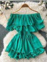 ☃♣ XFPV Women Chic Slim Ruffled Sexy Slash Neck Off Shoulder Short Chiffon Dress Y2k Ladies Sweet Korea Girl 39;s Summer 2023 SM2804