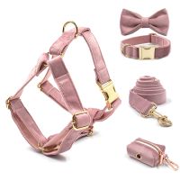 Pink Dog Harness for Girl Dogs Cute Dog Collar with Removable Bowtie 5pcs Pet Traction Set Dog Harness Bow Collar Leash Poop Bag Leashes