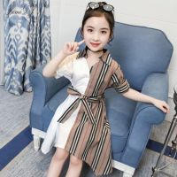 【jeansame dress】วัยรุ่น Babystriped แขนสั้นสำคัญเสื้อผ้า GirlCausal Sashes ชุดเด็กวัยหัดเดิน